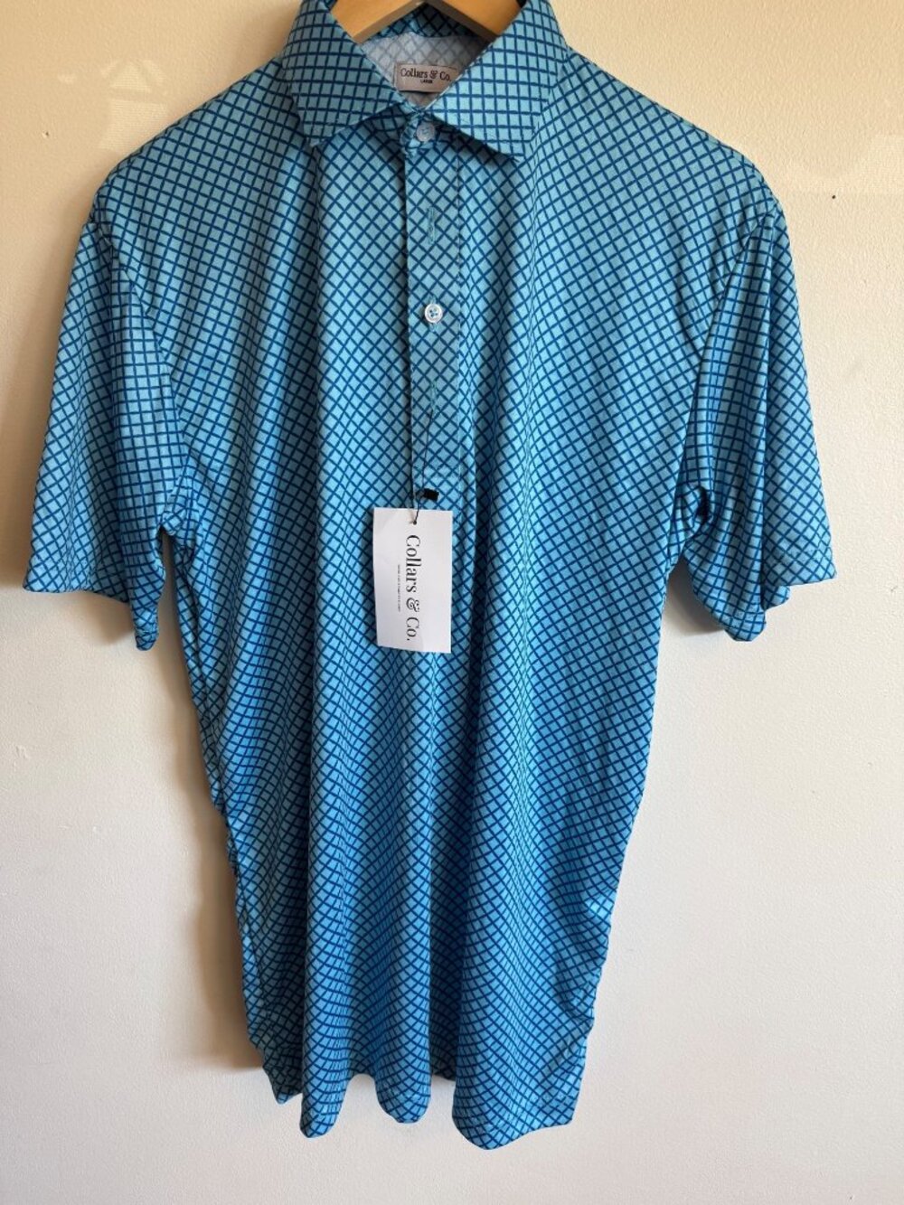 Collars & Co Mens Teal Polo size Large Shirt With Navy Diamond Pattern